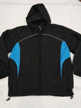 Roundtree & Yorke Sport L Lightweight Windbreaker Zip Up Jacket Black Blue Hood